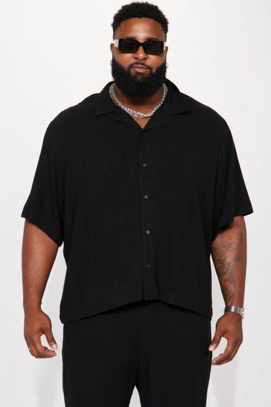 NEW Fashion Nova Mens Black Linen Short-Sleeve Button Up Shirt Size XL Collared